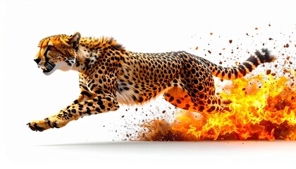 A blazing cheetah in side profile, running at full speed made of fierce fire flames, with motion blur and glowing amber fire particles trailing behind against a clean white background