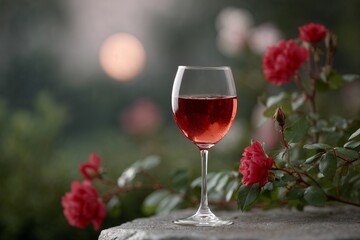 Glass of ros&eacute; wine with red roses at sunset