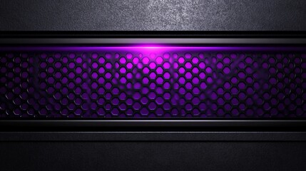 Sleek metallic background featuring purple light accents and a textured, geometric patterned mesh panel adds a modern, futuristic style.