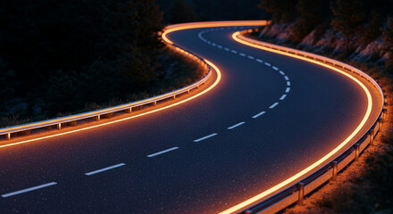 Night road curving through dark landscape, illuminated by orange line along edges, symbolizing journey, adventure, or path ahead