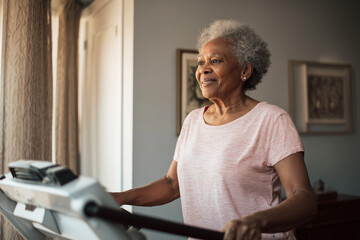 Happy elderly Black woman walking on a treadmill at home, smiling and staying active in a healthy lifestyle
