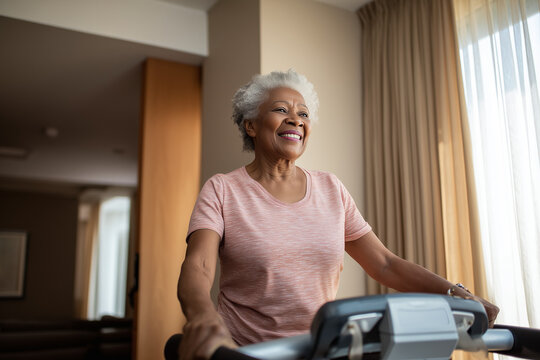 Happy elderly Black woman walking on a treadmill at home, smiling and staying active in a healthy lifestyle