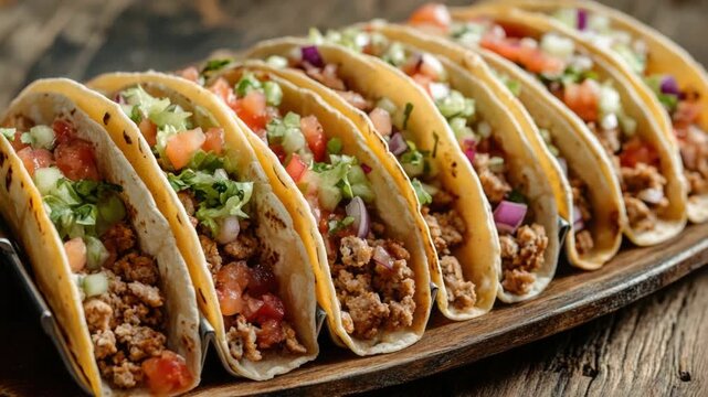 A row of tacos sitting on top of a wooden tray, perfect for serving and displaying food at parties or events