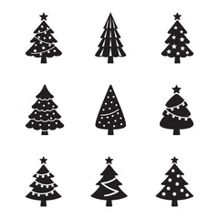 Set of Black Christmas Tree Icons – Festive Holiday Silhouettes on White Background