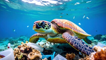 Obraz premium Sea turtle amidst plastic debris (1)