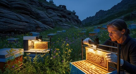 Female beekeeper examining hive frames at dusk in rocky landscape