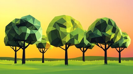 Low Poly Trees Sunset Landscape Nature Scene