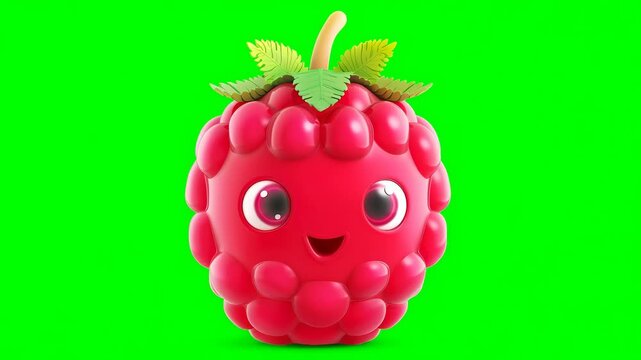 3D raspberry character with cute face, green leaves, and stem. Isolated on bright green chroma key background with playful expression.