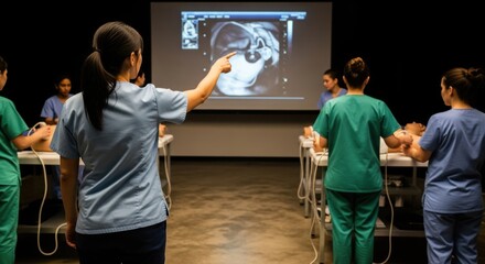 Female instructor leading medical training with diverse young adults and screen projection