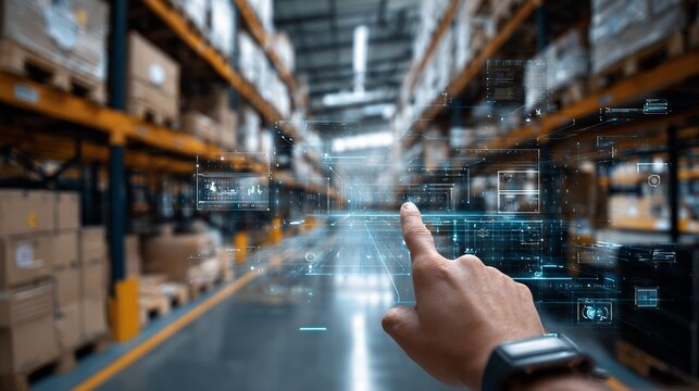 Warehouse management with digital interface shows boxes and shelves in smart manufacturing with new technologies, automation.