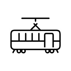 Tram with wires, minimalistic outline, black and white colors, urban transport concept