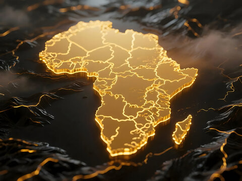 Illuminated outline of the African continent on a dark textured background representing global connection and digital networks with glowing borders