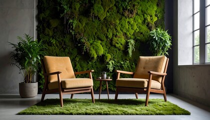 Fototapeta premium Cozy room with moss wall and armchairs