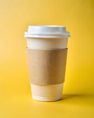 Eco friendly cup with kraft label on pale yellow surface