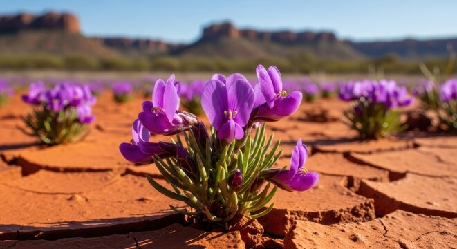 Vibrant purple flowers blooming in arid desert landscape with cracked earth