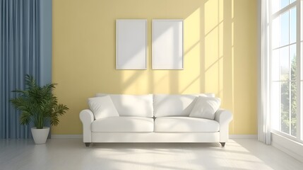 Fototapeta premium Modern Living Room Interior Design Mockup with White Sofa and Yellow Wall