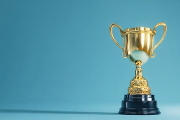 advertising trophy with gold cup on blue background with copy space