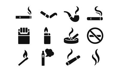 Fototapeta premium Smoking icons collection: cigarettes, tobacco, and e-cigarettes in bold silhouette style