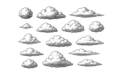 Vintage engraving style cloud set with detailed sketch design elements