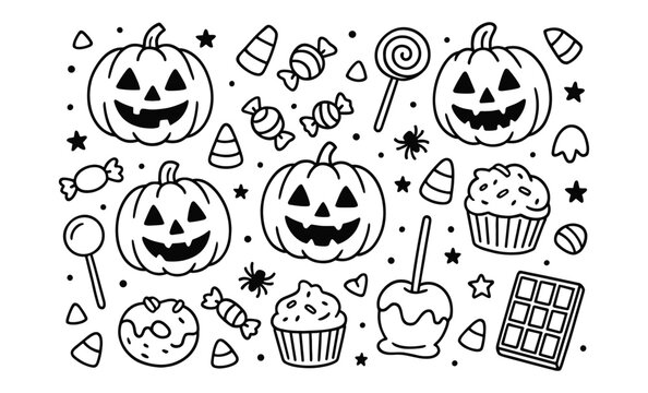 Halloween line art with pumpkins, candy corn, and sweets in black and white design