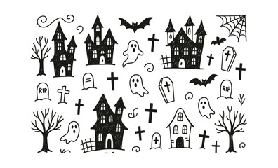 Spooky halloween doodle set with haunted houses and ghosts