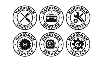 Handyman service emblems featuring tools and equipment in vintage design