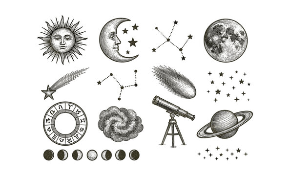 Vintage celestial elements with sun, moon, stars, planets, and telescope