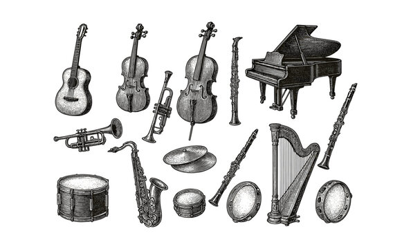 Vintage musical instruments in detailed engraving style