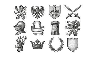 Vintage heraldic symbols collection featuring shields, animals, and medieval elements