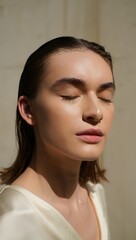 Young Woman with Eyes Closed in Natural Light - Serene Portrait