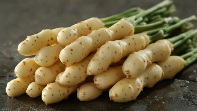 A fresh arrangement of potatoes and asparagus on a table, perfect for a rustic dinner setting or outdoor gathering