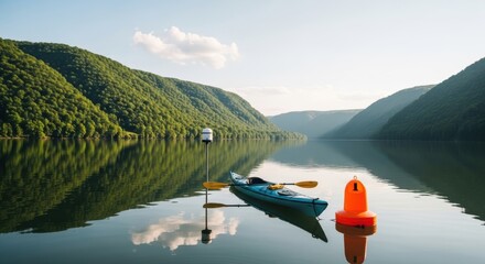 Tranquil kayaking on scenic mountain lake with reflective water and buoy