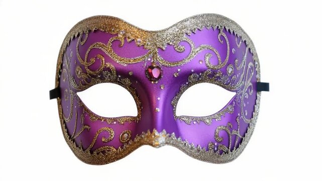 A purple and gold masquerade mask on a white background