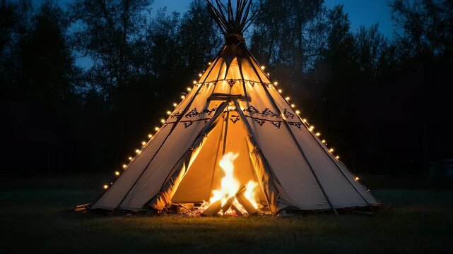 Enchanting Night: Illuminated Teepee with Cozy Fire