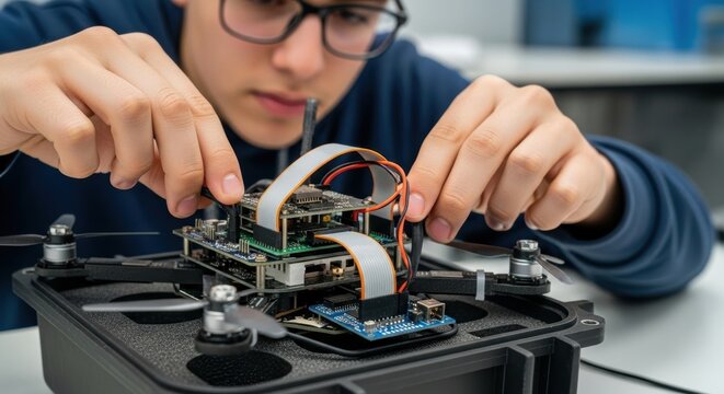 Young caucasian male assembling drone circuit boards with precision in workshop