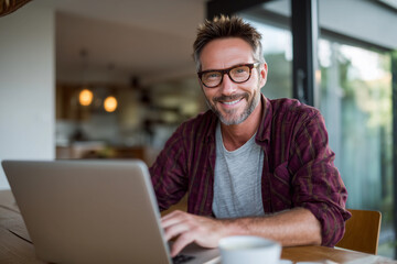 Smiling mature man working on laptop at home in a cozy, modern environment with natural light and casual attire