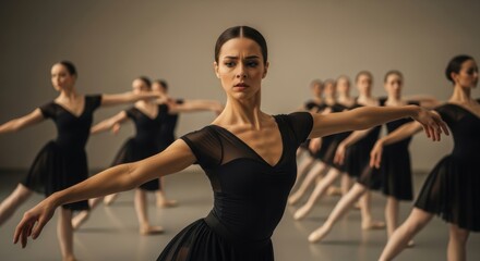 Focused young caucasian female ballerina practicing in a dance studio with a group of dancers in black attire