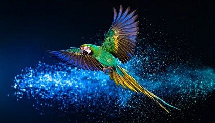 Parrot in flight with vibrant blue splashes