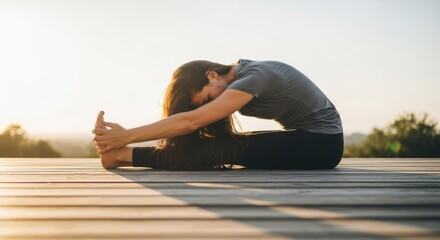 Young caucasian female practicing yoga outdoors in seated forward bend at sunset