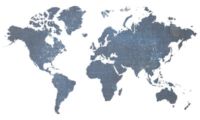 World map on old blue grunge fabric	

