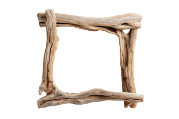Natural driftwood frame art studio visual display minimalist close-up. Isolated on transparent background, png.