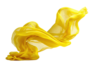 Dynamic yellow fabric flowing in air studio abstract art bright. Isolated on transparent background, png.