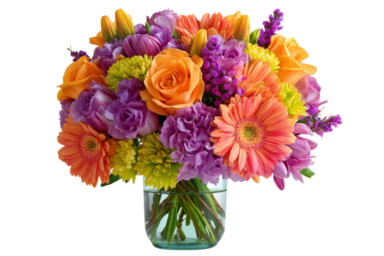 Close-up beauty vibrant flower bouquets in floral photography. Isolated on transparent background, png.