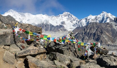 Mount Cho Oyu Gokyo Ri peak buddhist prayer flags