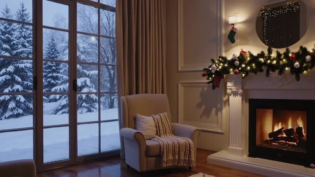Cozy Christmas Living Room with Fireplace, Tree, and Presents