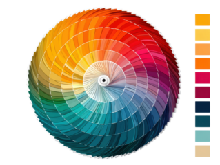 Graphic design studio aerial view of color wheel palette. Isolated on transparent background, png.