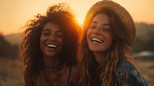 Two happy women embracing golden hour in nature, laughing joyfully under the bright sky in sunshine.