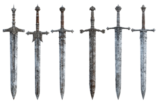 Digital art studio epic sword collection in fantasy realm. Isolated on transparent background, png.