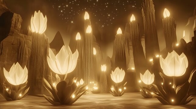 Glowing Lotus Flowers in Mystical Cave Landscape