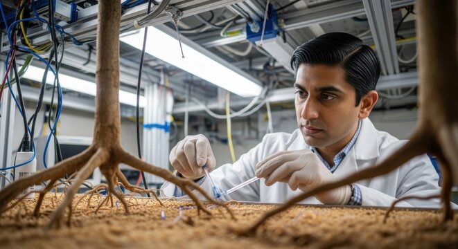 Male scientist examining plant roots in laboratory setting for research experiment